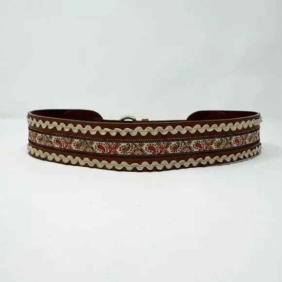 Brown Leather Folk Belt Paisley Fabric Rickrack Festival Ren Faire Peasant Sz M - Picture 4 of 12